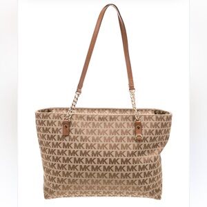 MICHAEL KORS Jet Set East West Signature Monogram Logo Chain Tote Bag Tan Brown